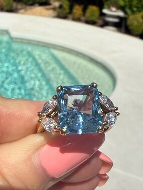 Sterling Silver Blue Statement Ring CZ Marquise Accents Gold Over Size 9